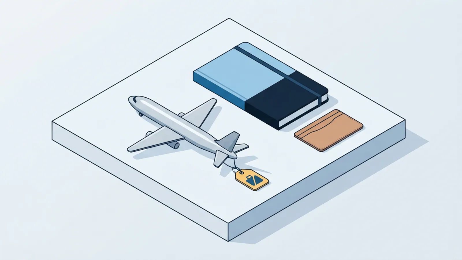 An overhead view of a silver model airplane, a closed journal, and a card holder.