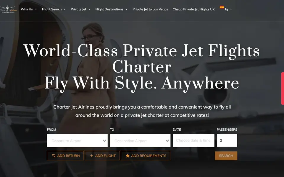 Charter Jet Airlines website homepage, 4 Oct 2026